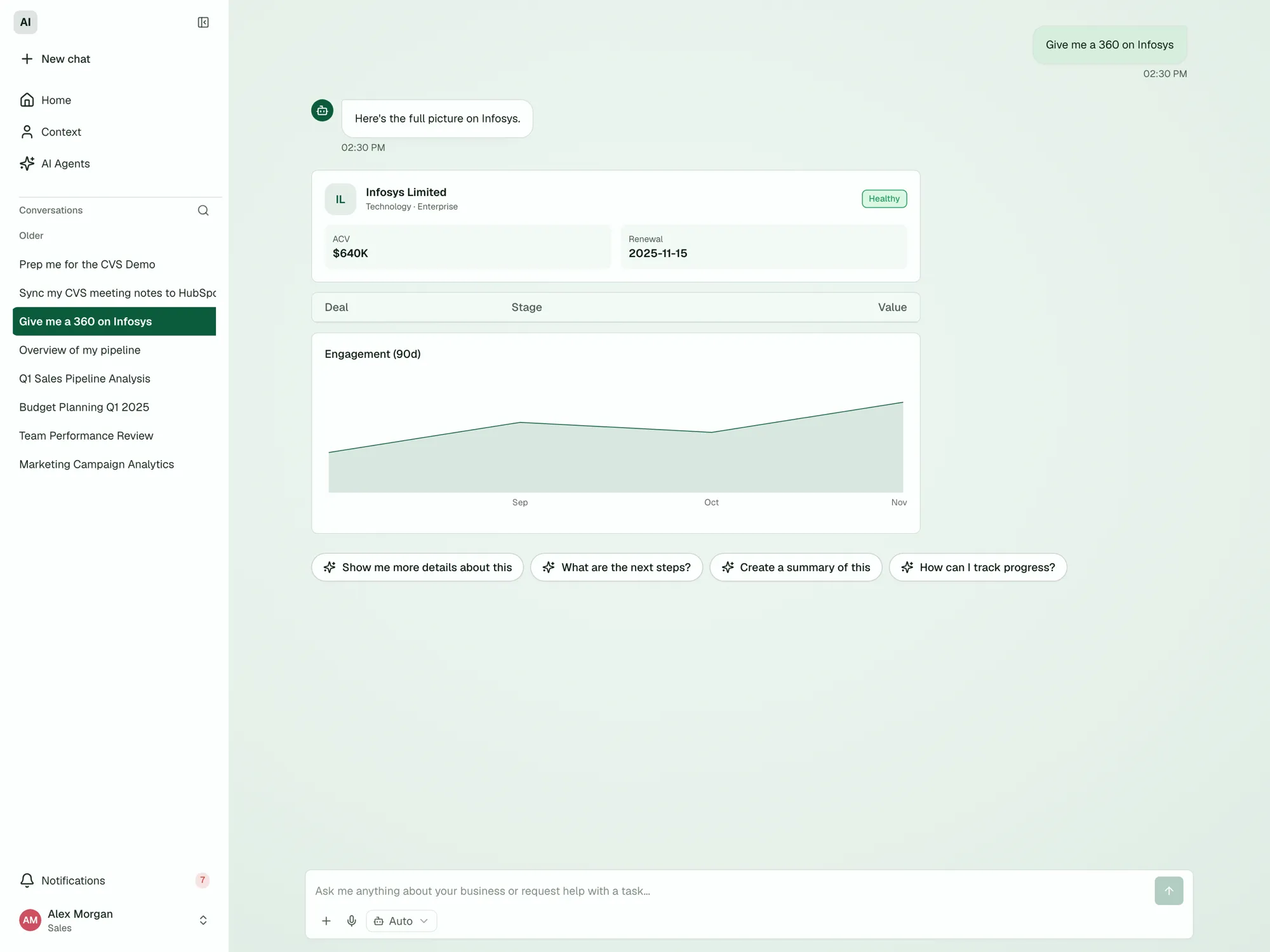 Chat answering in composable live cards, an account 360 assembled from context.