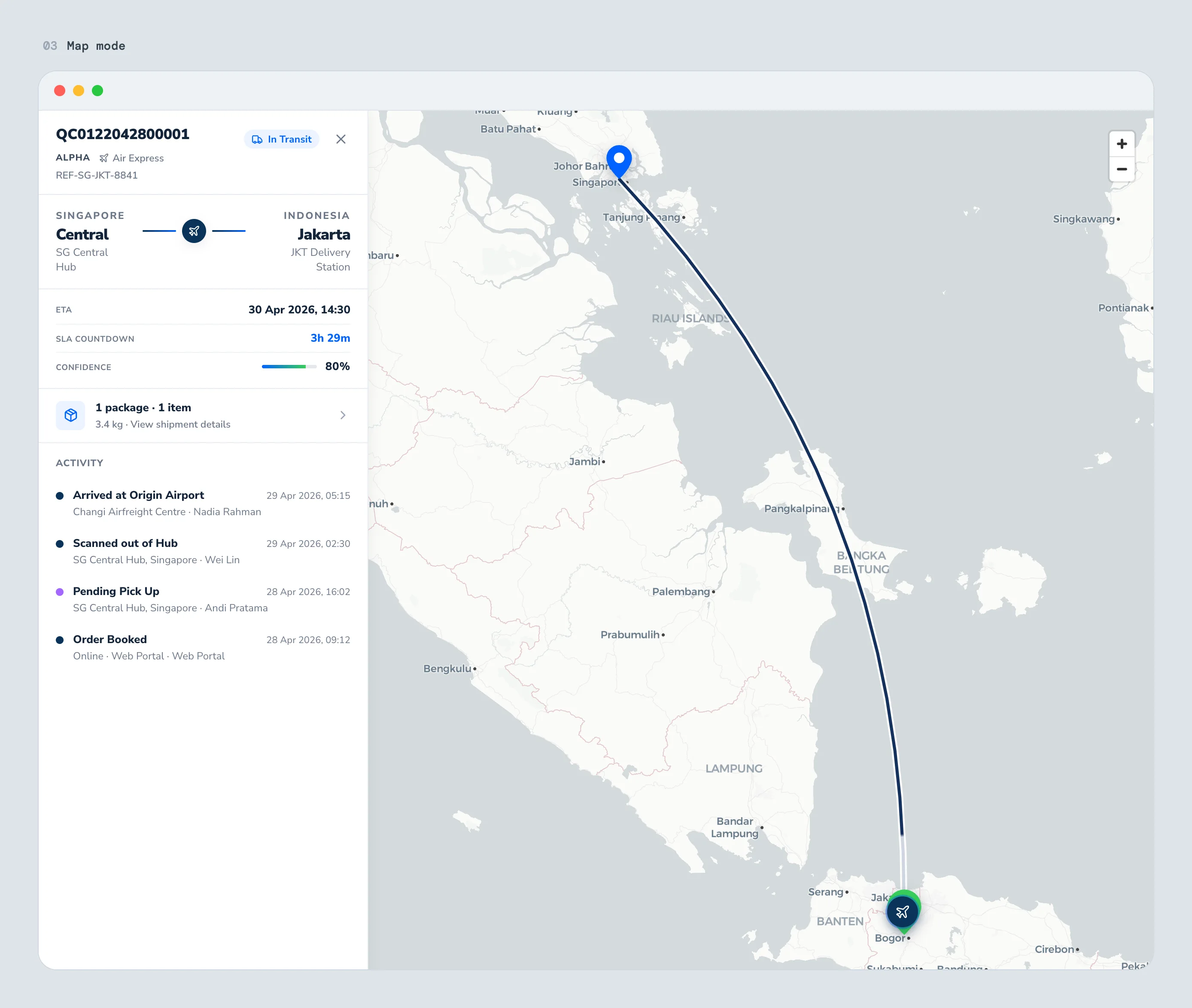 The map in full-bleed mode, a Singapore to Jakarta air leg, mid-flight.