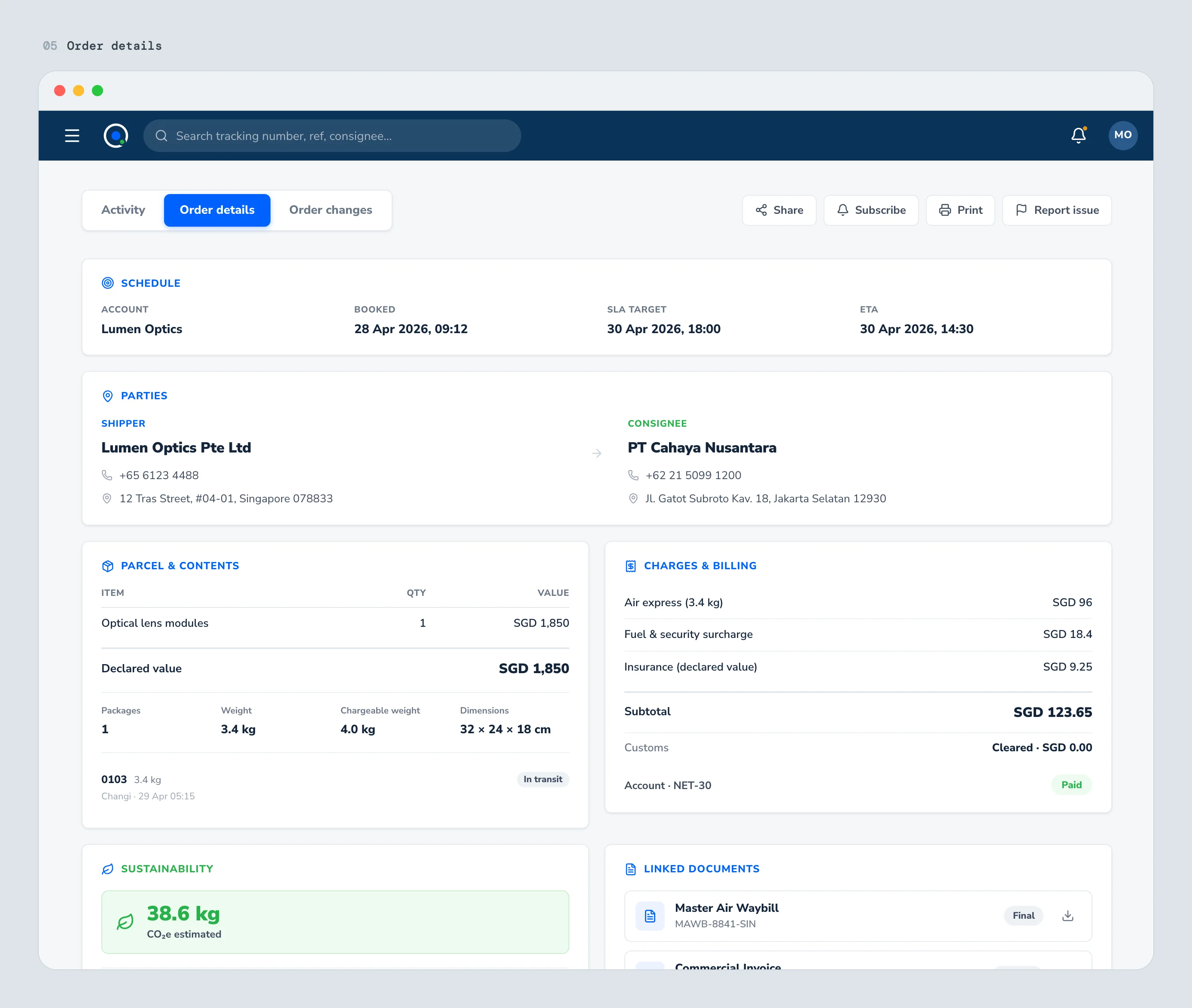 The order details record, schedule, parties, parcel, charges, and documents, each fact in one place.