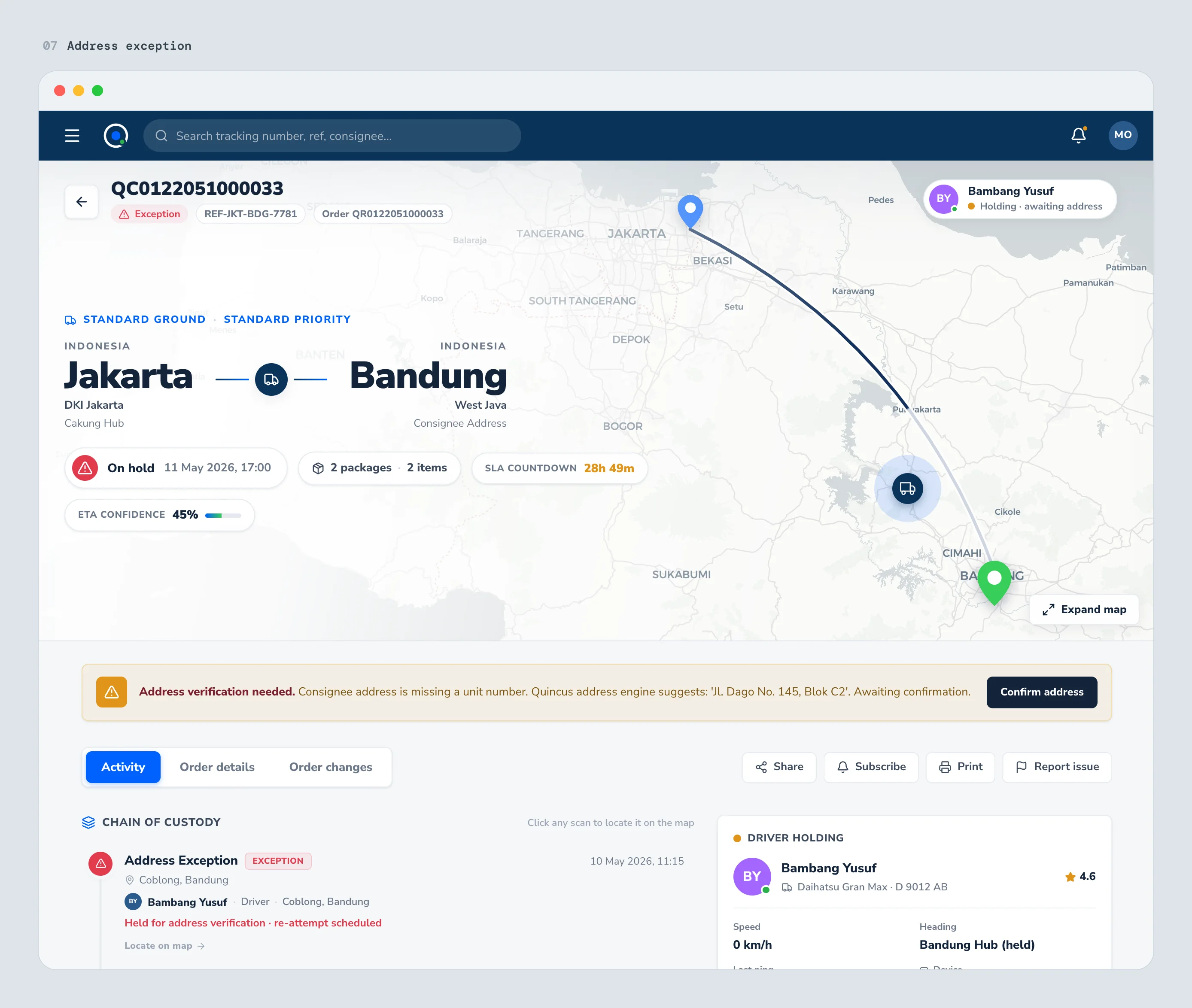 An address exception banner, a suggested fix and a single confirm action.
