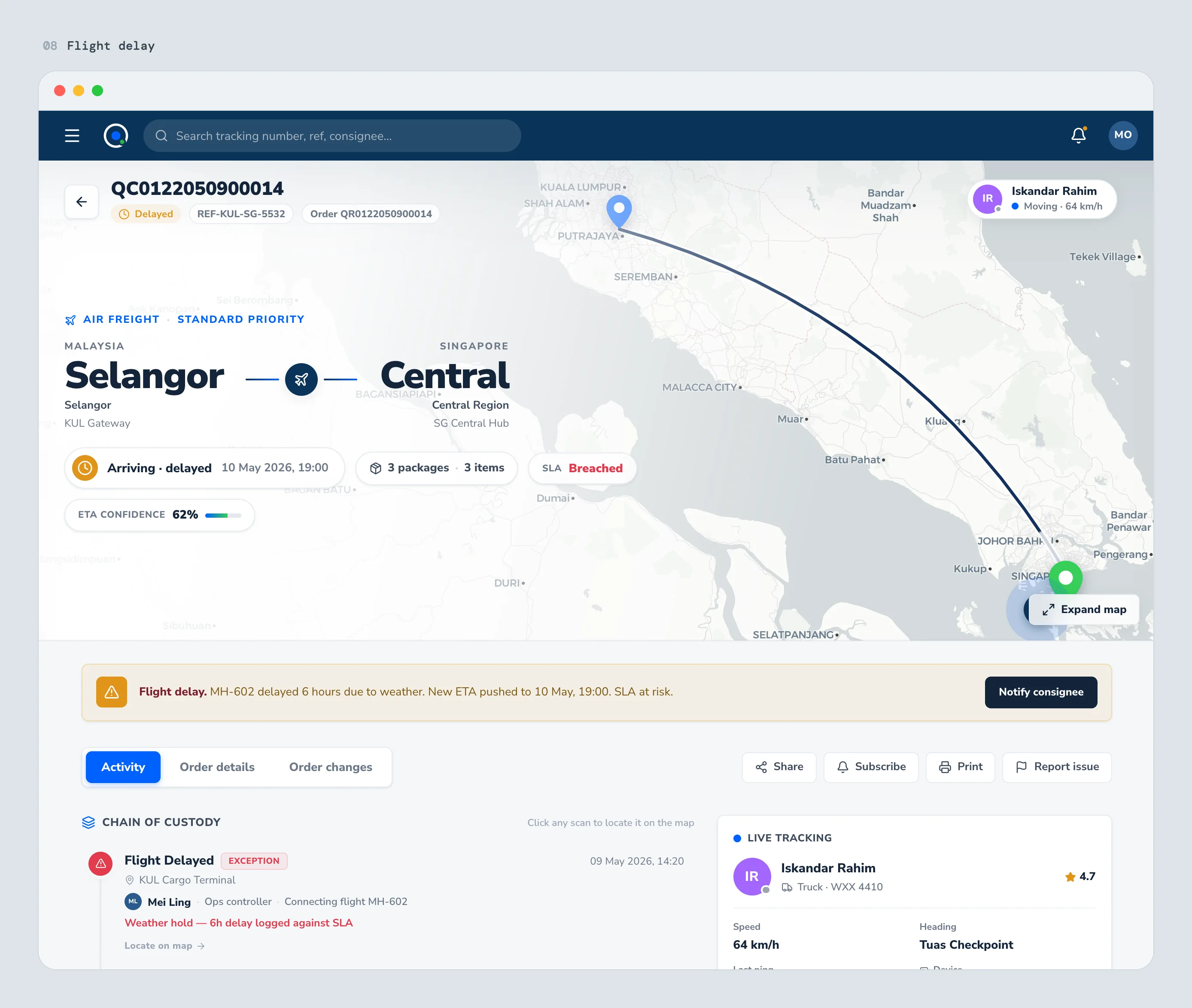 A flight-delay banner, the new ETA, SLA risk, and a notify-consignee action.