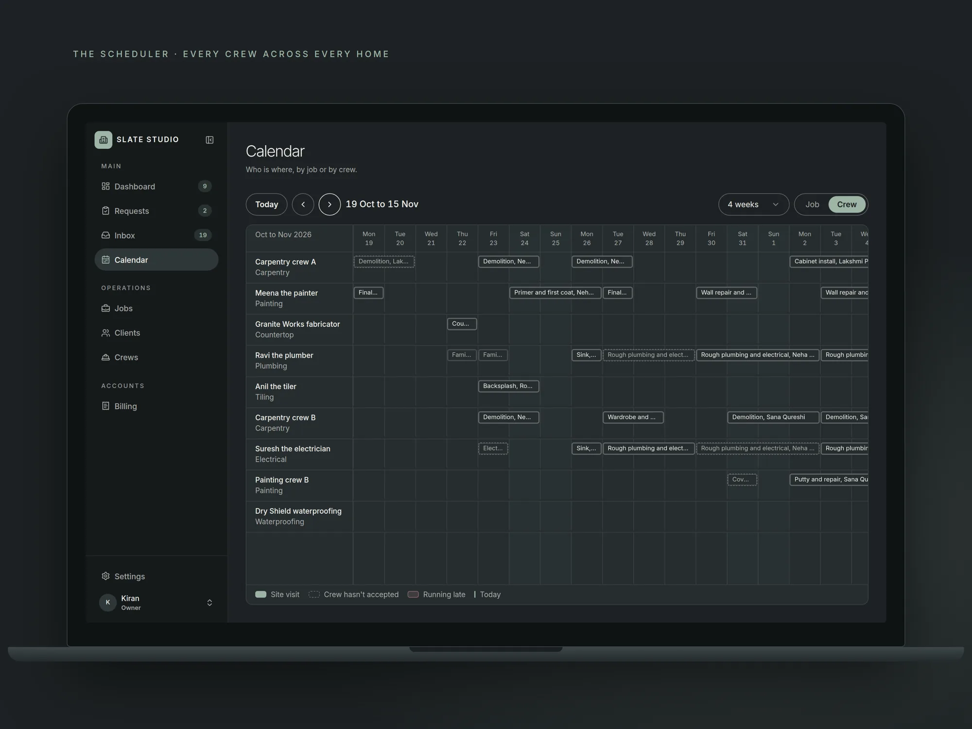 The calendar by crew, every crew's bookings across every home over four weeks.