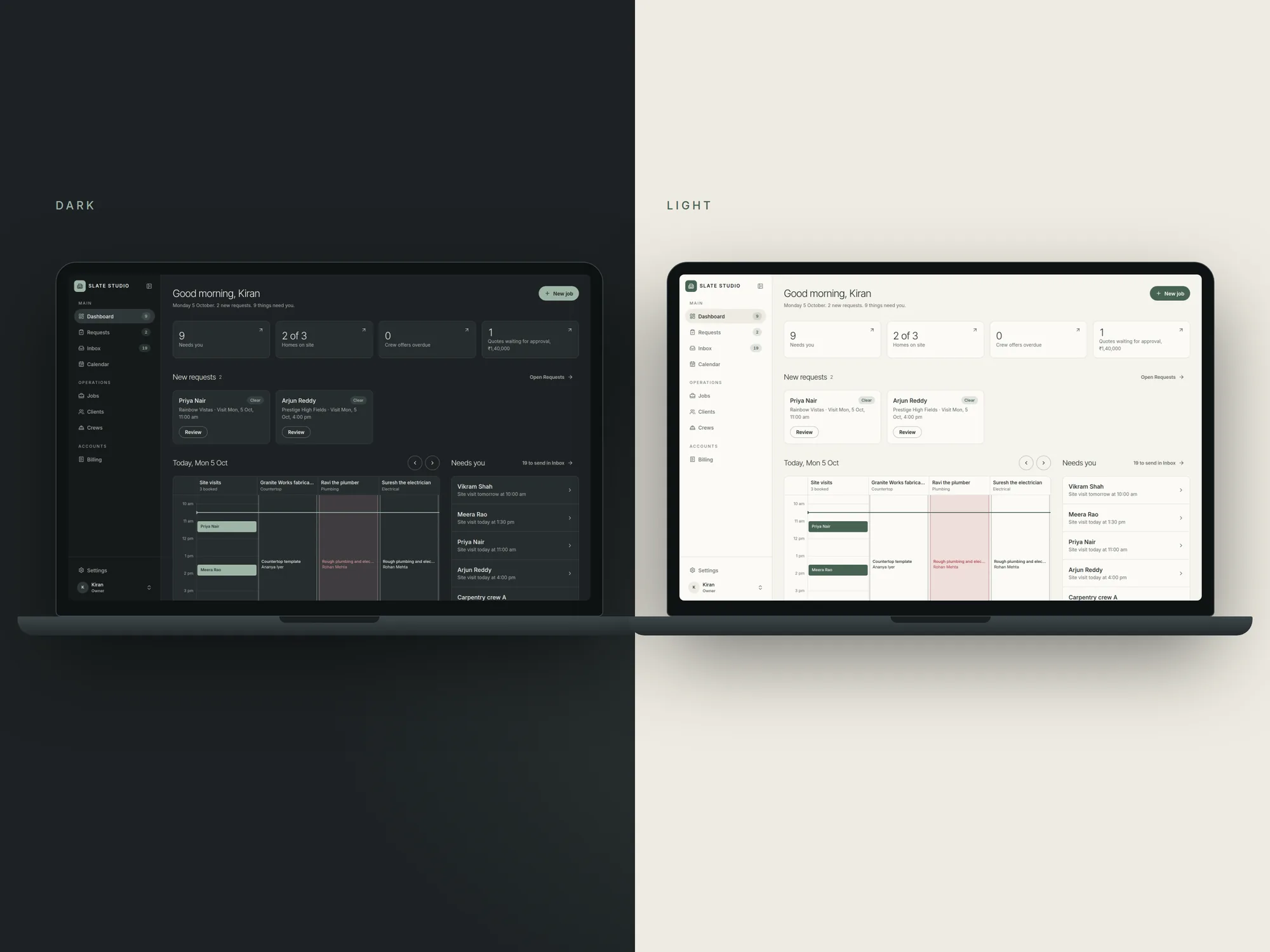 The studio dashboard in dark and light.