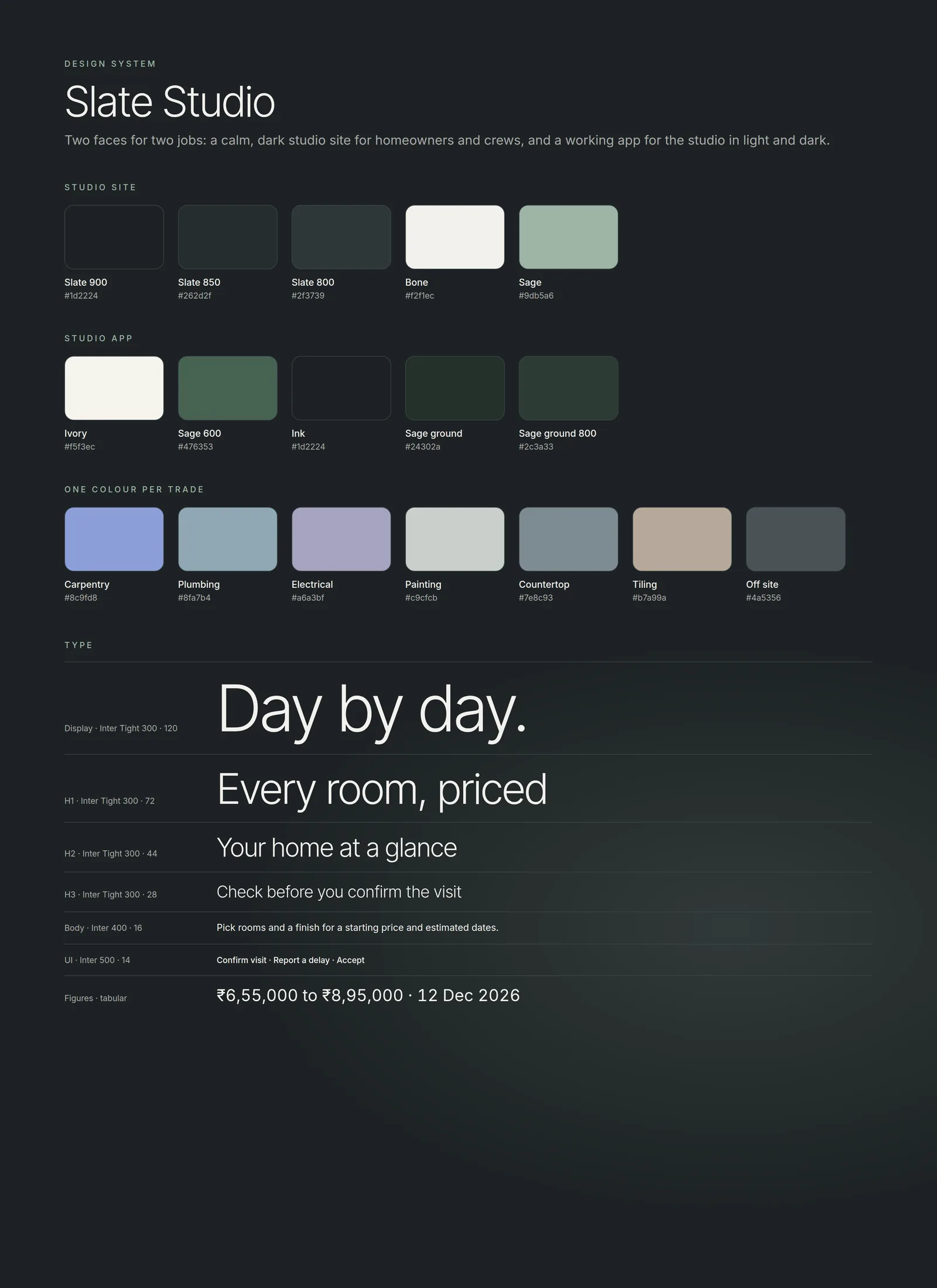 The colour and type board, the studio site palette, the app palette, one colour per trade, and the type scale.