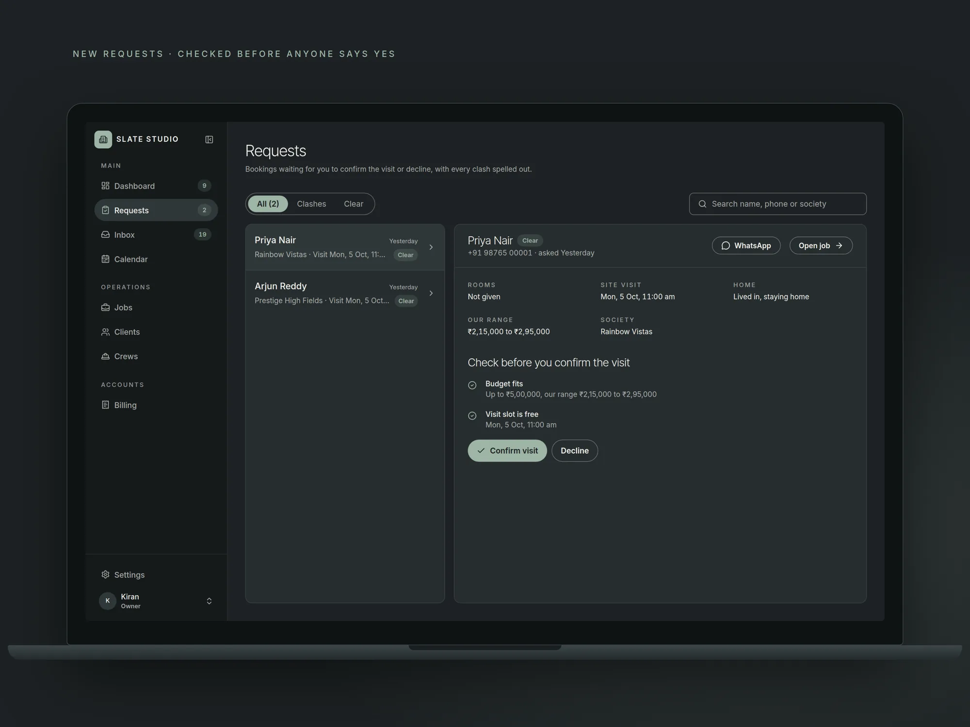 A new request with its checks, budget fit and visit slot, and the confirm action.