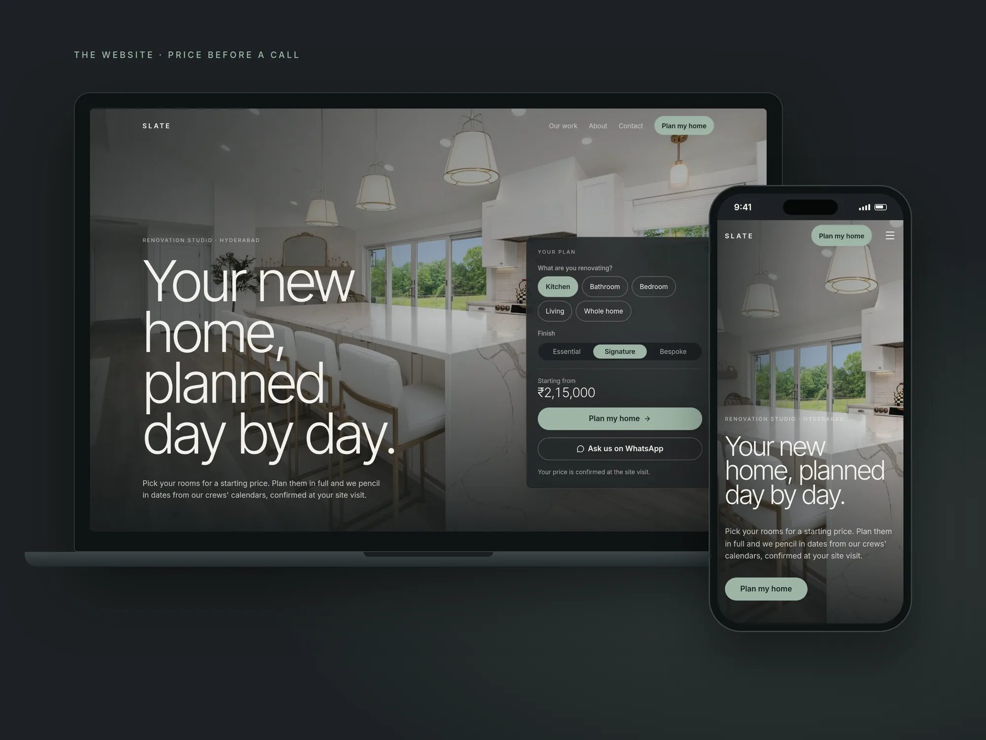 The website on desktop and phone, the hero with the room and finish picker and a live starting price.